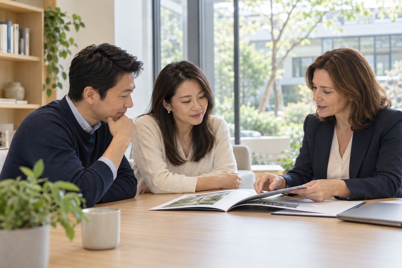 Illustration of a school admissions officer speaking with two parents